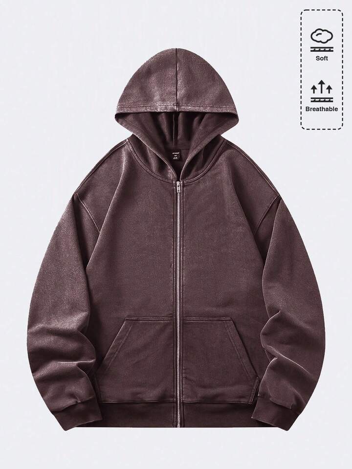 Casual Men's Vintage Washed Loose Fit Metal Zipper Zip-Up Hooded Sweatshirt, Long Sleeve Top