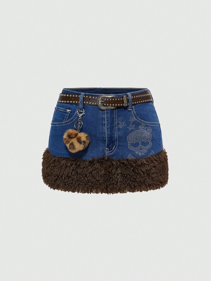 J-Fashion Y2K Streetwear Rhinestone Skull & Star Pattern Distressed Sexy Mini Skirt With Belt For Women