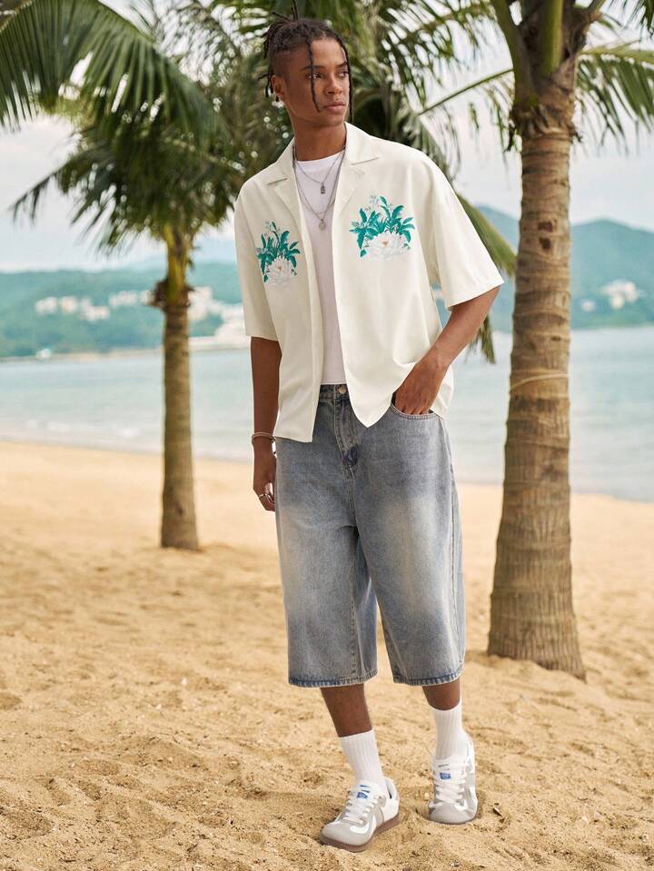 The White Lotus Men's Summer Casual Resort Style Lotus Flower Print Lapel Collar Short Sleeve Shirt