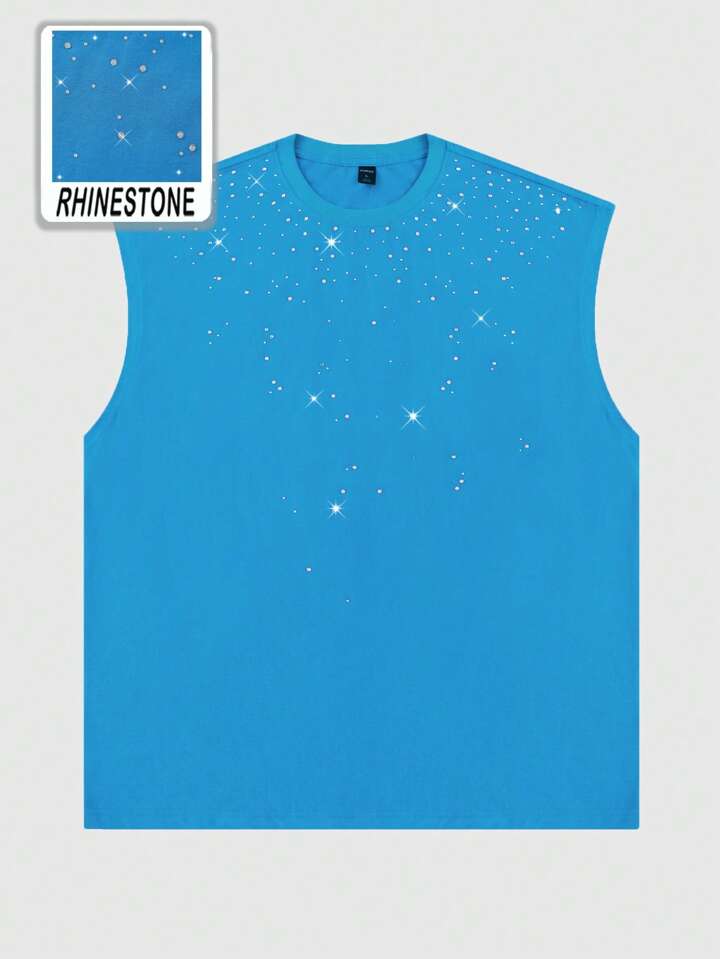 Men's Street Life Rhinestone Decor Loose Fit Crew Neck Tank Top, Summer