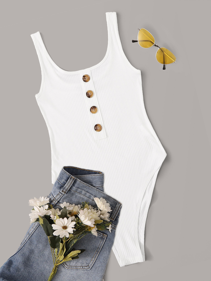 Button Front Rib-knit Tank Bodysuit