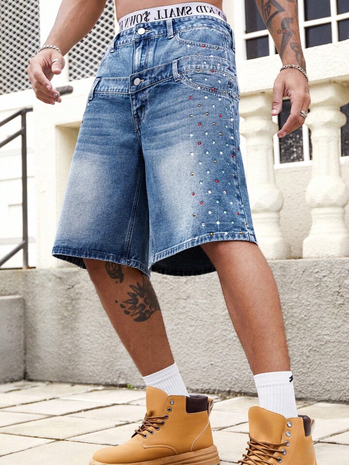Men Colored Rhinestone Waistband Double Layer Denim Shorts
