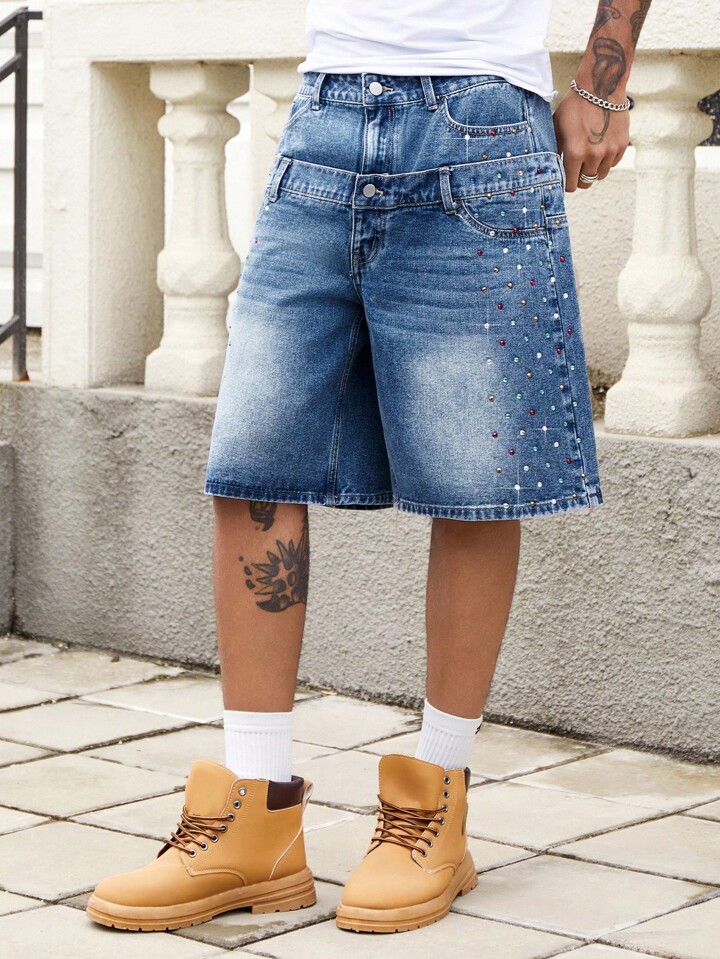 Men Colored Rhinestone Waistband Double Layer Denim Shorts
