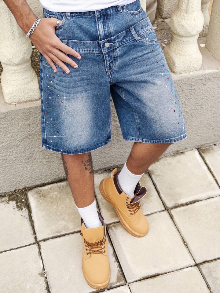 Men Colored Rhinestone Waistband Double Layer Denim Shorts