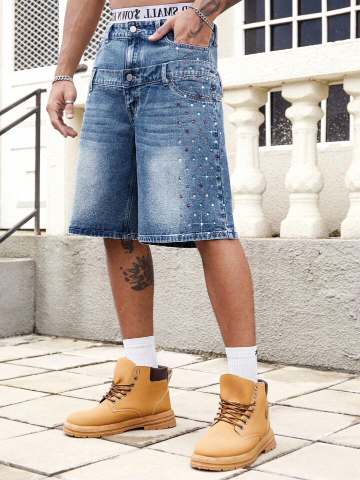 Men Colored Rhinestone Waistband Double Layer Denim Shorts