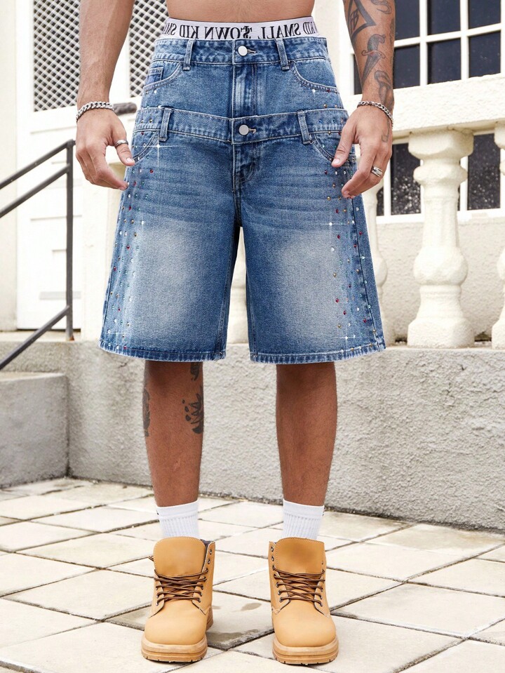 Men Colored Rhinestone Waistband Double Layer Denim Shorts