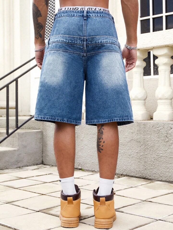 Men Colored Rhinestone Waistband Double Layer Denim Shorts