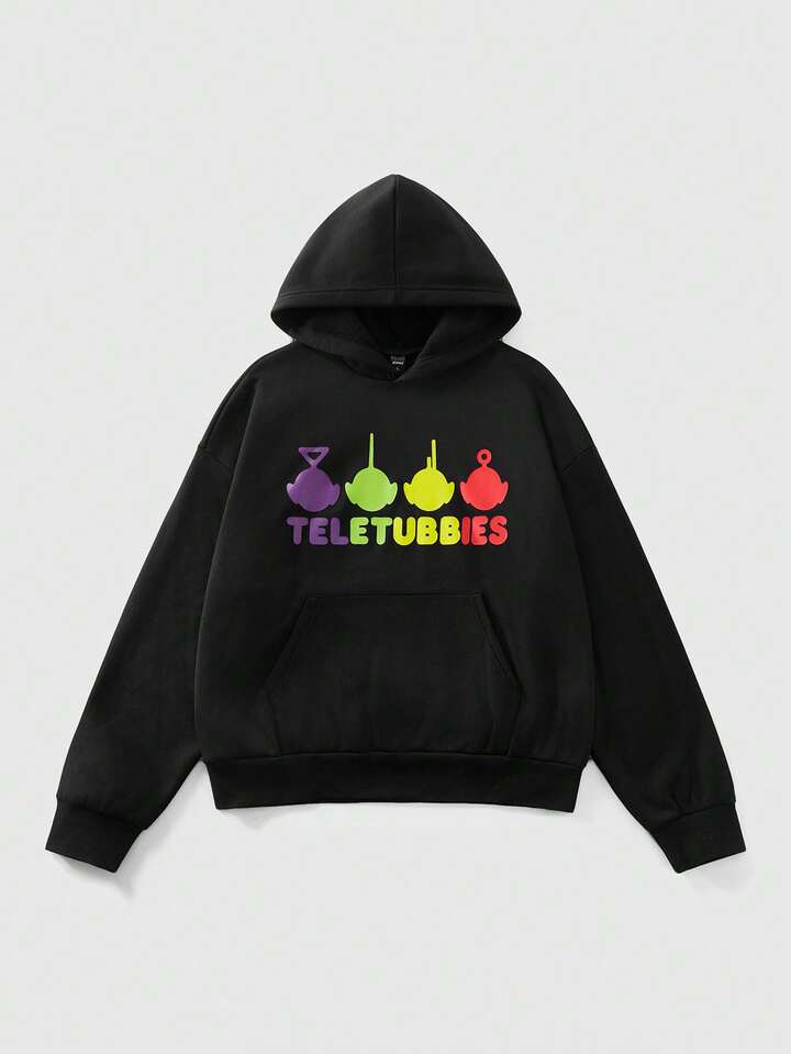 Teletubbies X ROMWE Men's Casual Letter & Cartoon Pattern Hoodie, Autumn