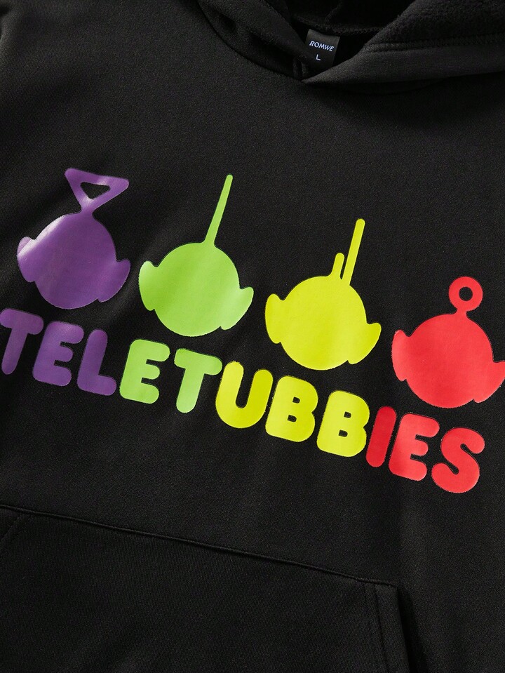 Teletubbies X ROMWE Men's Casual Letter & Cartoon Pattern Hoodie, Autumn