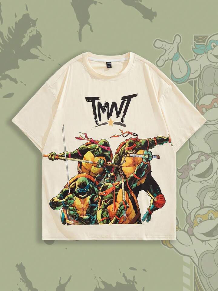 TEENAGE MUTANT NINJA TURTLES X ROMWE Men's Everyday Street Cartoon Turtle & Letter Graphic Dropped Shoulder Loose Short Sleeve T-Shirt, Summer