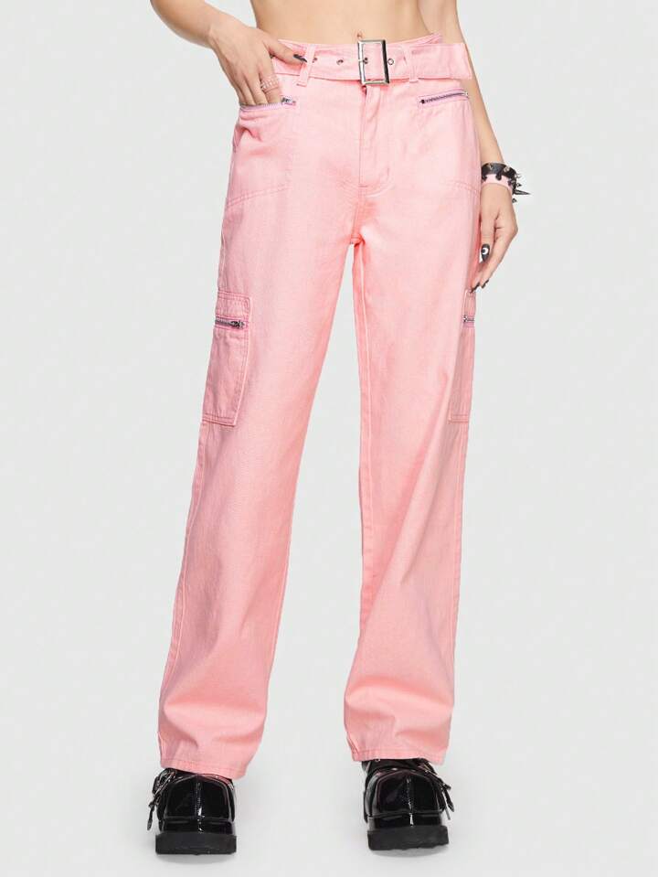 Kawaii Zipper Pocket Side Cargo Jeans
