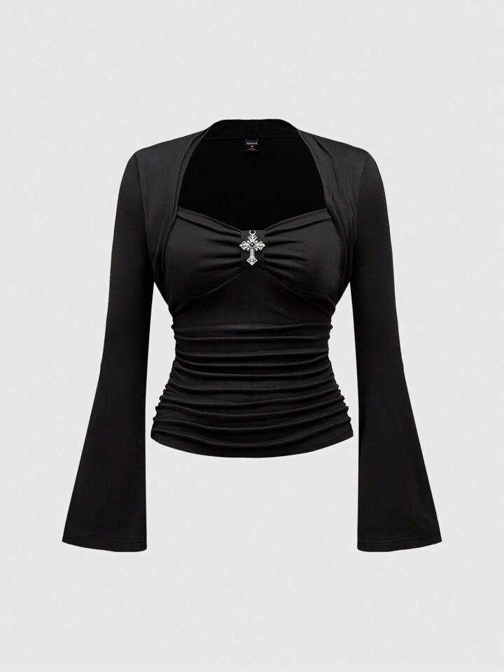 Vintage Gothic Cross Pendant Solid Color Stretchy Long Sleeve T-Shirt For Women