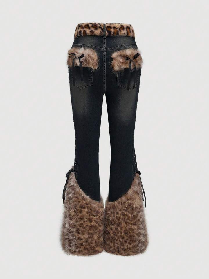 Goth Vintage Retro Light Color Patchwork Faux Fur Leopard Print Denim Jeans 2 Goth Vintage Retro Light Color Patchwork Faux Fur Leopard Print Denim Jeans