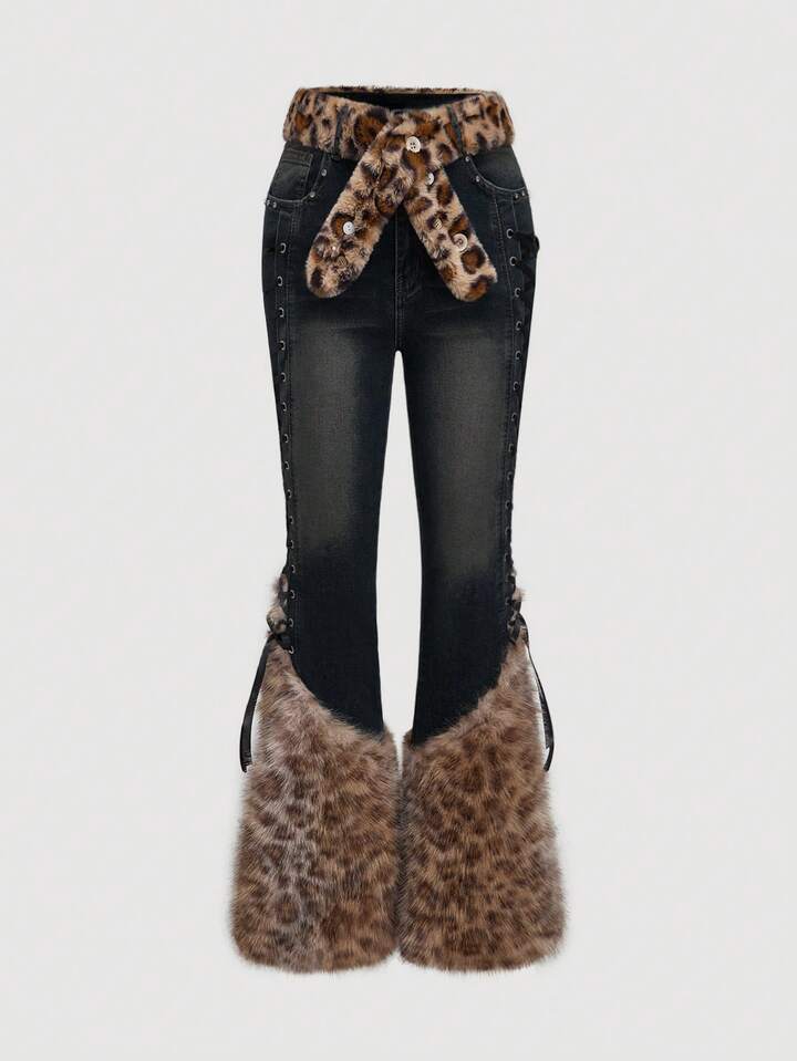 Goth Vintage Retro Light Color Patchwork Faux Fur Leopard Print Denim Jeans 5 Goth Vintage Retro Light Color Patchwork Faux Fur Leopard Print Denim Jeans