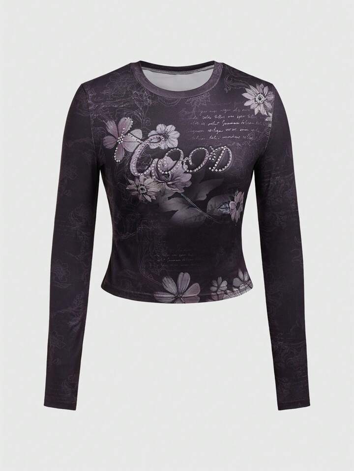 Sweetness Slogan And Floral Printed Long Sleeve Skinny T-shirt