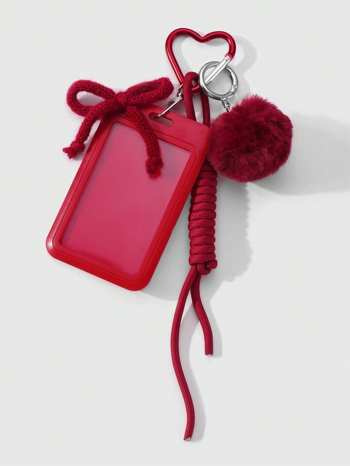Kawaii 1pc Sweet & Cool Fashion High-Quality College Style Autumn/Winter Red Plush Ball Yarn Bow Adjustable Lanyard Solid Color Clear Campus Card ID Holder DIY Keychain Bag Charm, Suitable For Office Workers, Students, Daily Wear & Gifts Valentines