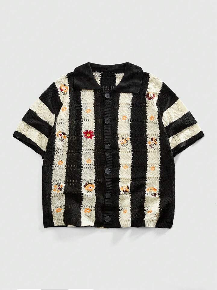 Men's Striped Short Sleeve Single-Breasted Casual Retro Knit Cardigan