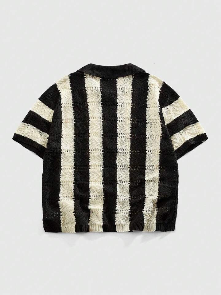 Men's Striped Short Sleeve Single-Breasted Casual Retro Knit Cardigan