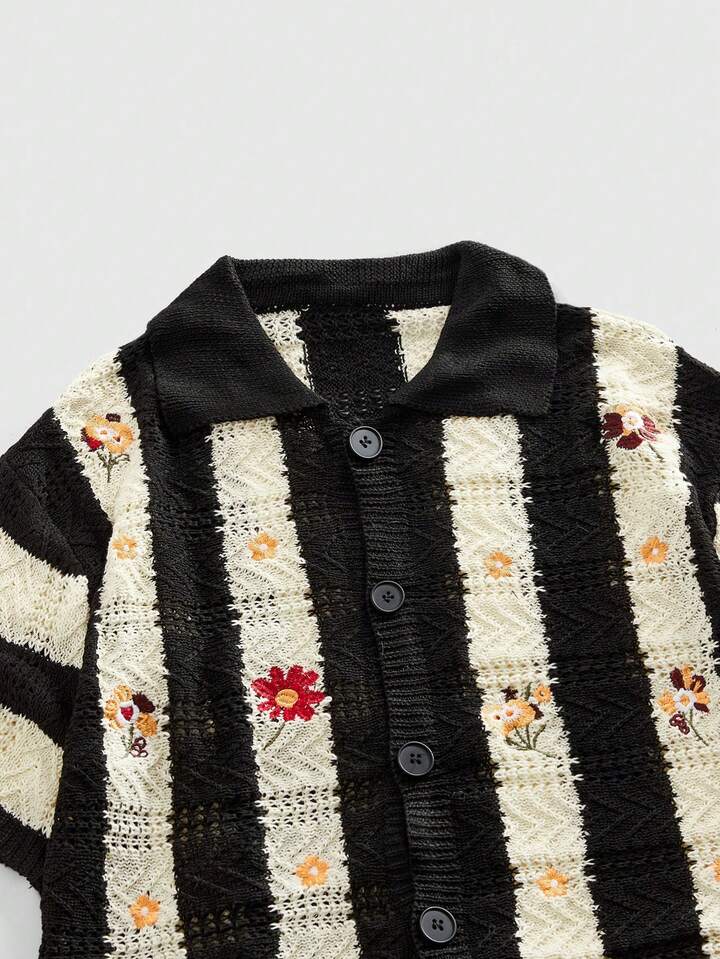 Men's Striped Short Sleeve Single-Breasted Casual Retro Knit Cardigan