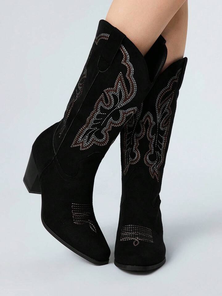 Fairycore Women's Black Classic Western Cowboy Boots, Outdoor Casual Fashion Slip-On Embroidery Mid-Calf Boots, Spring Autumn For Christmas