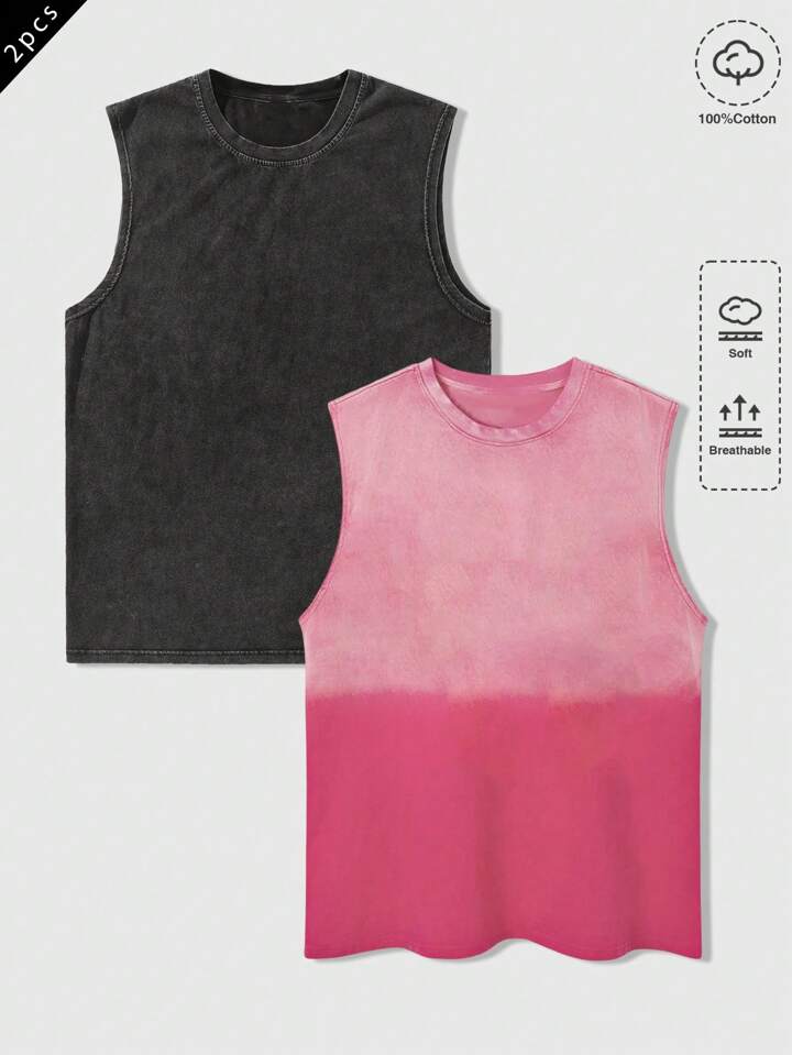 2pcs Set Men's Stylish Casual Acid-Washed Leopard Print Graphic Design Tank Tops
