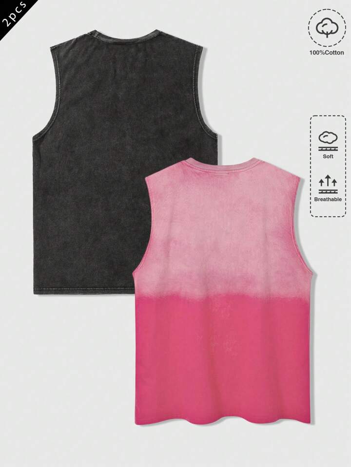 2pcs Set Men's Stylish Casual Acid-Washed Leopard Print Graphic Design Tank Tops