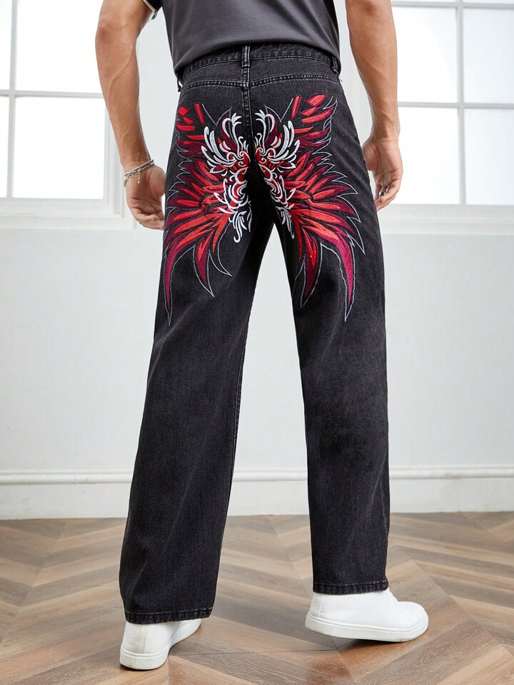 Guys Embroidery Wings Pattern Straight Leg Jeans