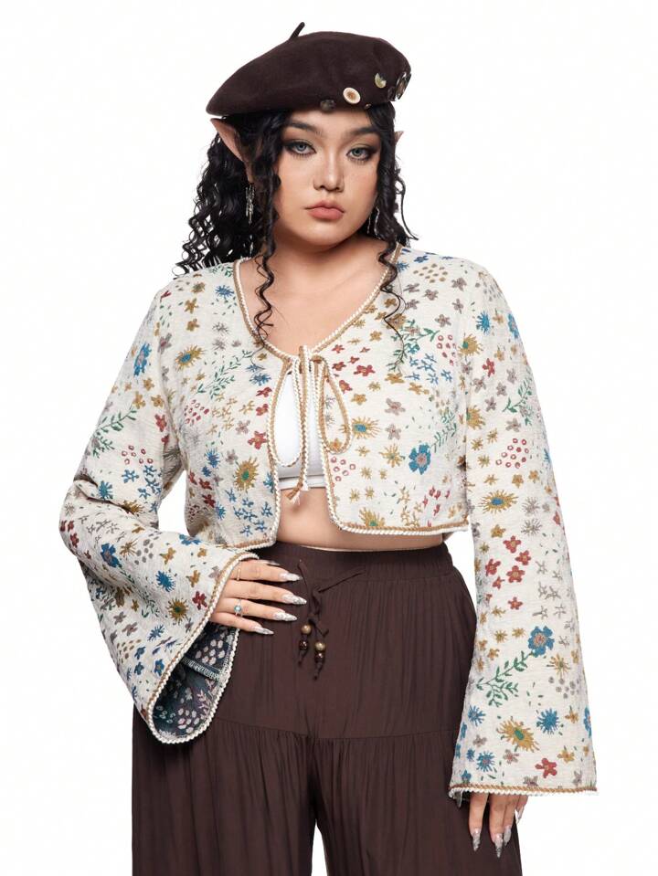 Plus Size Women Front Tie Long Sleeve Printed Blouse, Casual Everyday Wear