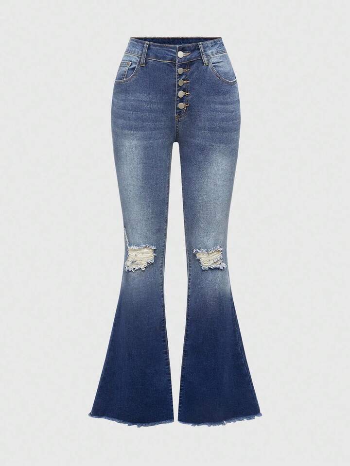Grunge Punk Women's Y2K Vintage Distressed Flare Jeans With Pockets