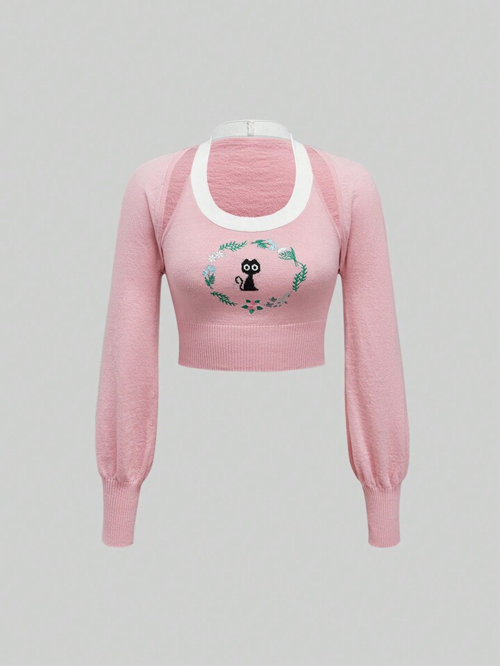 2pcs Set Women's Sweetness Cat Embroidery Sleeveless Knitted Vest Sweater