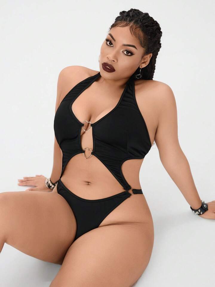 Plus Size Gothic Heart Metal Buckle Sexy Bodysuit