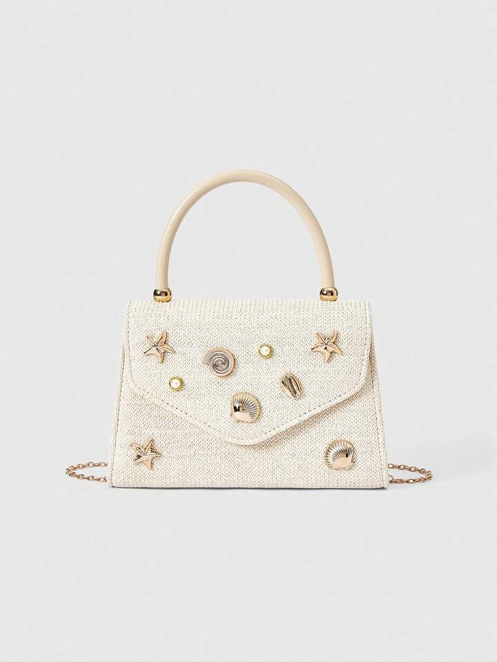 Kawaii Women's Fashionable And Elegant Metal Decor Clutch Bag For Commuting And Evening Party
