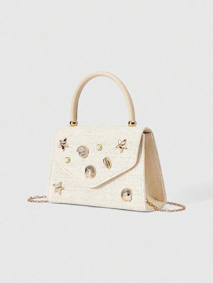 Kawaii Women's Fashionable And Elegant Metal Decor Clutch Bag For Commuting And Evening Party