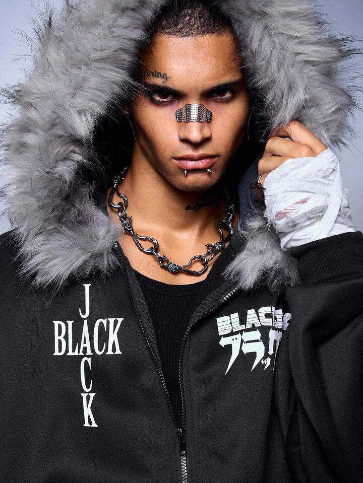 Black Jack X ROMWE Men's Loose Letter Graphic Fuzzy Trim Hooded Sweatshirt, Fall Winter