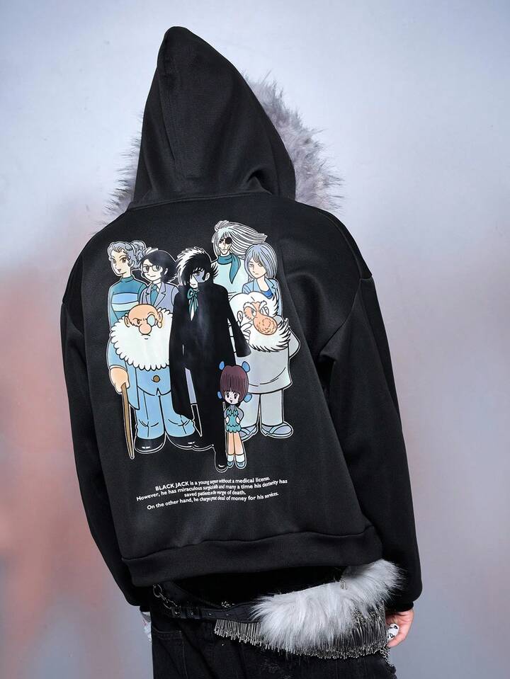 Black Jack X ROMWE Men's Loose Letter Graphic Fuzzy Trim Hooded Sweatshirt, Fall Winter