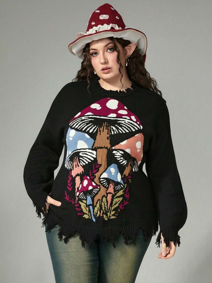 Fairycore Plus Size Mushroom Pattern Jacquard Distressed Hem Loose Pullover Sweater For Plus Size Women