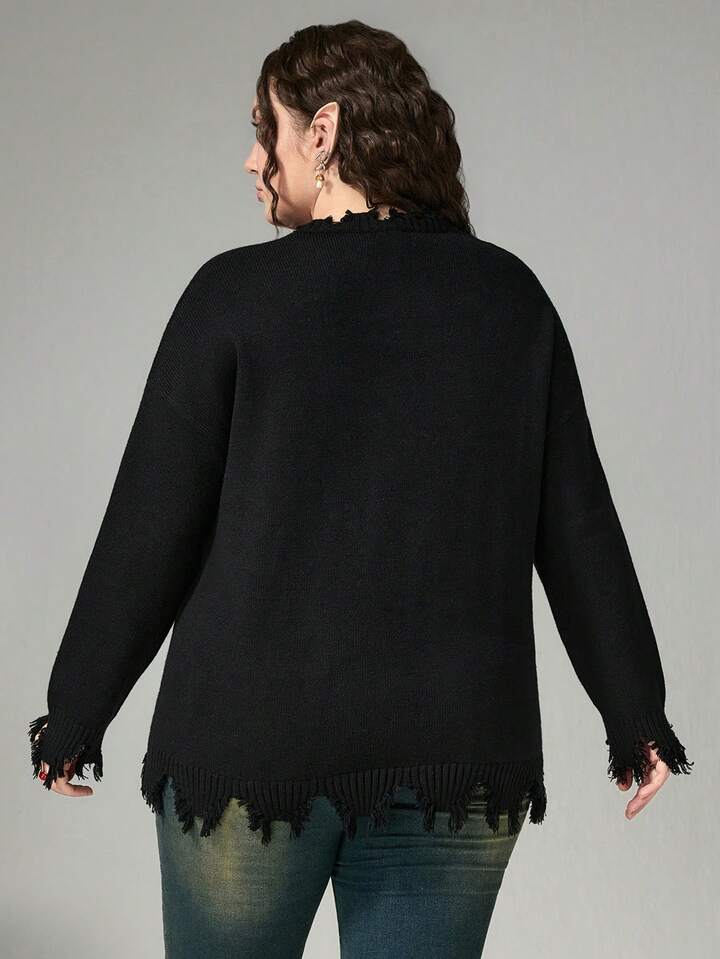 Fairycore Plus Size Mushroom Pattern Jacquard Distressed Hem Loose Pullover Sweater For Plus Size Women