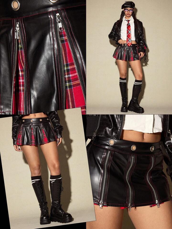 Academia Punk Campus Style PU Plaid Patchwork Metal Zipper Low Waist Women Kpop Mini Skirt