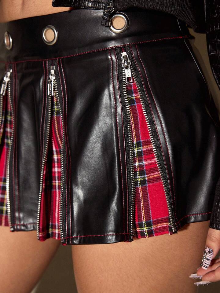 Academia Punk Campus Style PU Plaid Patchwork Metal Zipper Low Waist Women Kpop Mini Skirt 4 Academia Punk Campus Style PU Plaid Patchwork Metal Zipper Low Waist Women Kpop Mini Skirt