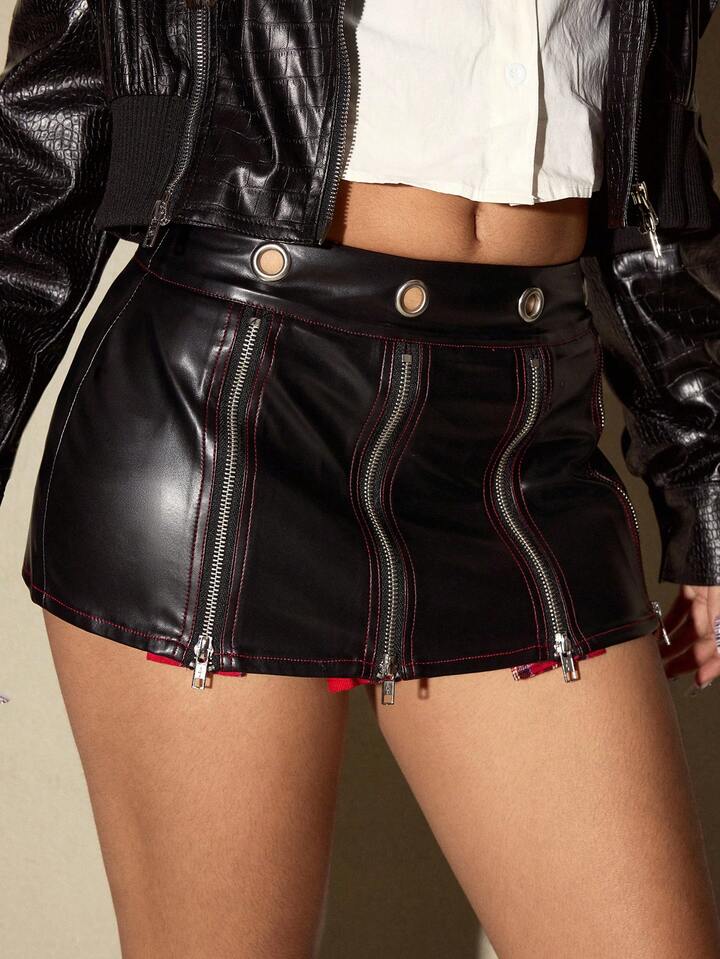 Academia Punk Campus Style PU Plaid Patchwork Metal Zipper Low Waist Women Kpop Mini Skirt 7 Academia Punk Campus Style PU Plaid Patchwork Metal Zipper Low Waist Women Kpop Mini Skirt