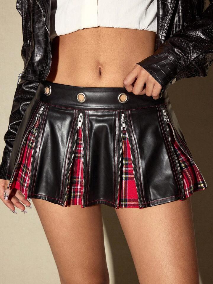 Academia Punk Campus Style PU Plaid Patchwork Metal Zipper Low Waist Women Kpop Mini Skirt 8 Academia Punk Campus Style PU Plaid Patchwork Metal Zipper Low Waist Women Kpop Mini Skirt
