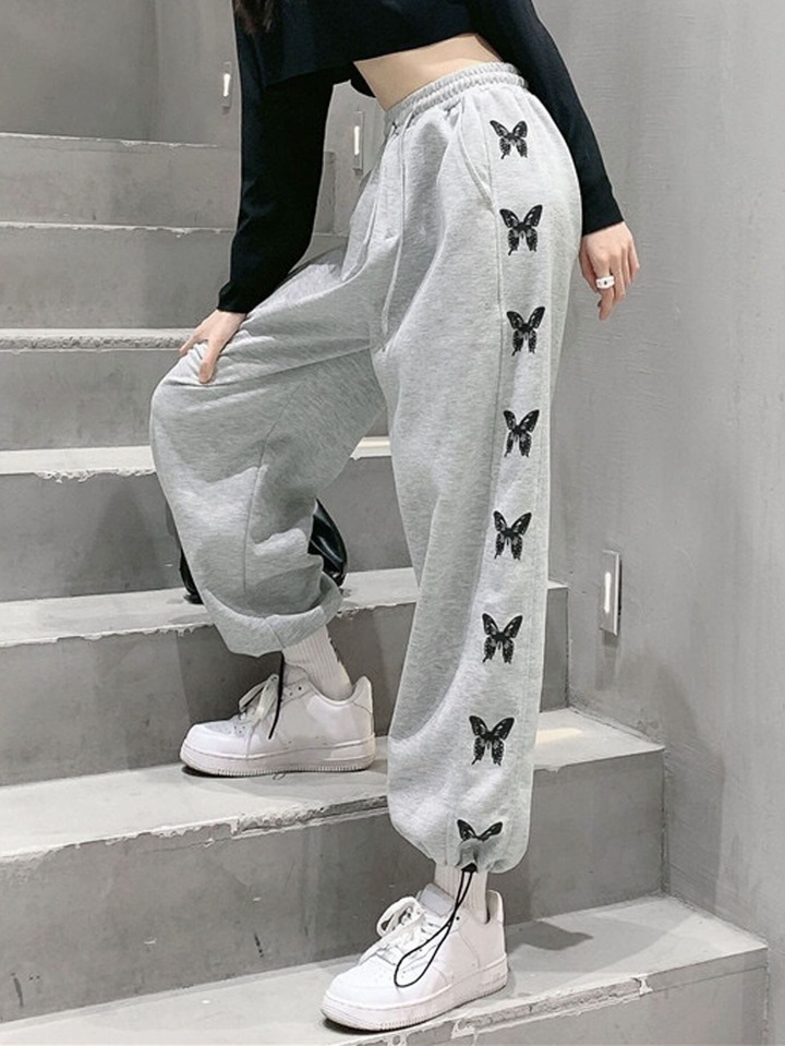 Butterfly Print Drawstring Sweatpants,Women Joggers Fall