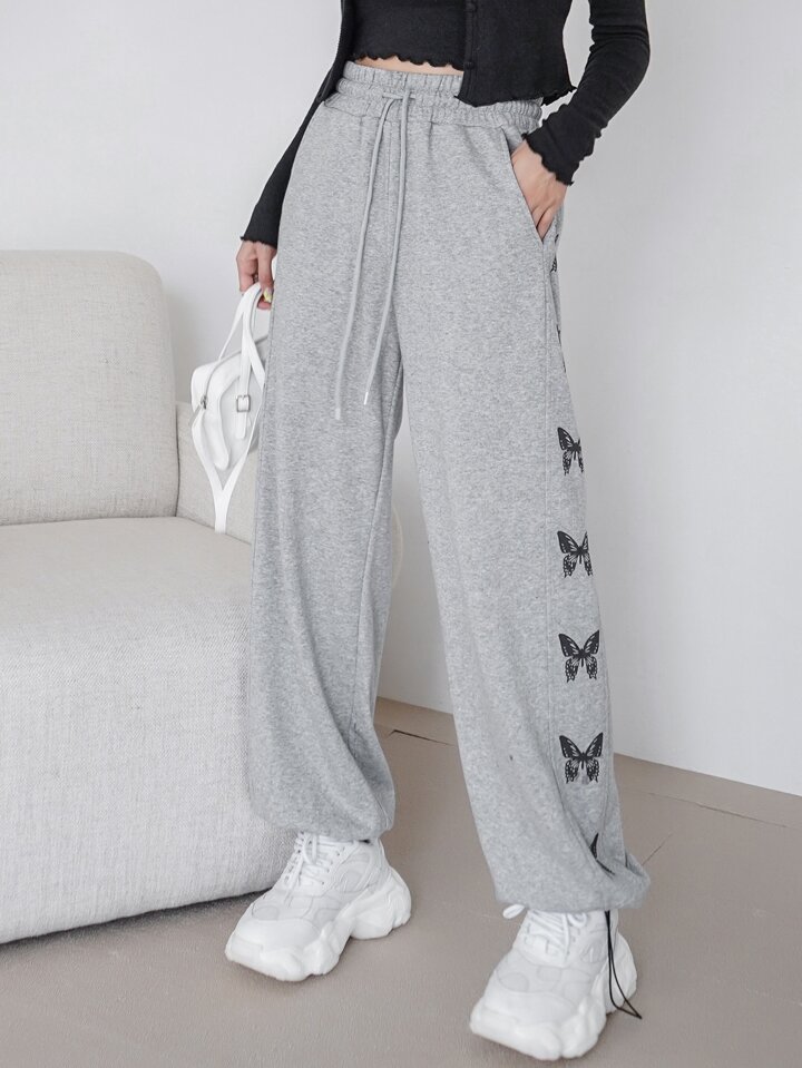 Butterfly Print Drawstring Sweatpants,Women Joggers Fall