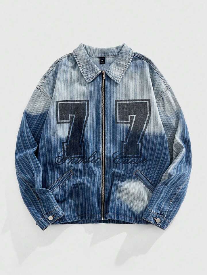 Street Life Men's Fashion Street Gradient Washed Zip-Up Denim Jacket With Numeric & Letter Print, Suitable For Spring And Autumn