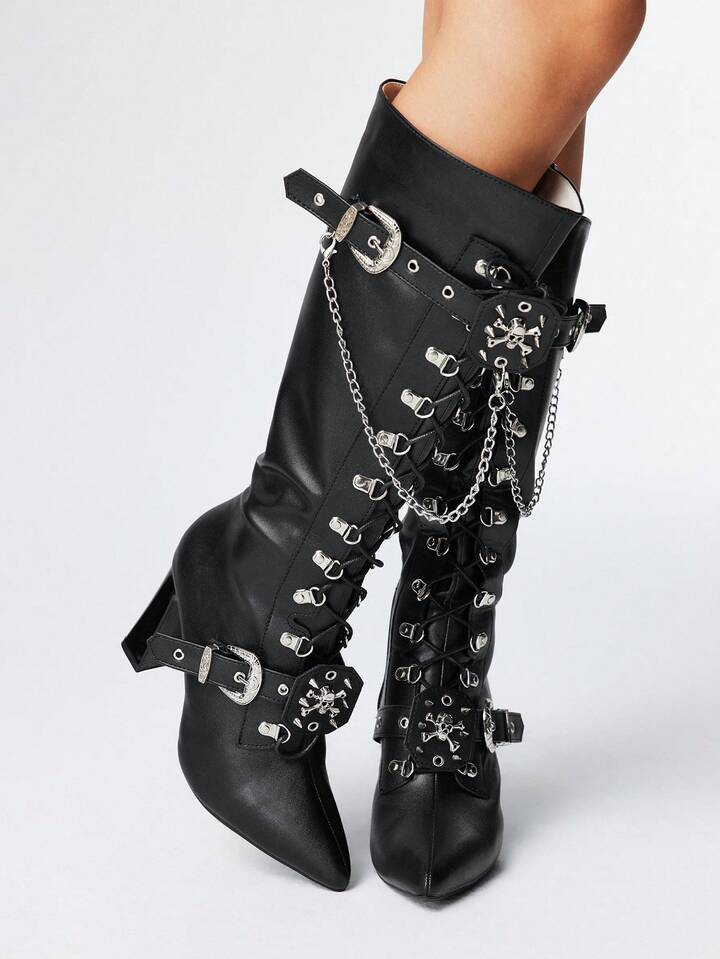 Grunge Punk Women's High Heel Boots, Versatile Elegant Pointed Toe Fashion PU Thick Heel Boots, Autumn/Winter