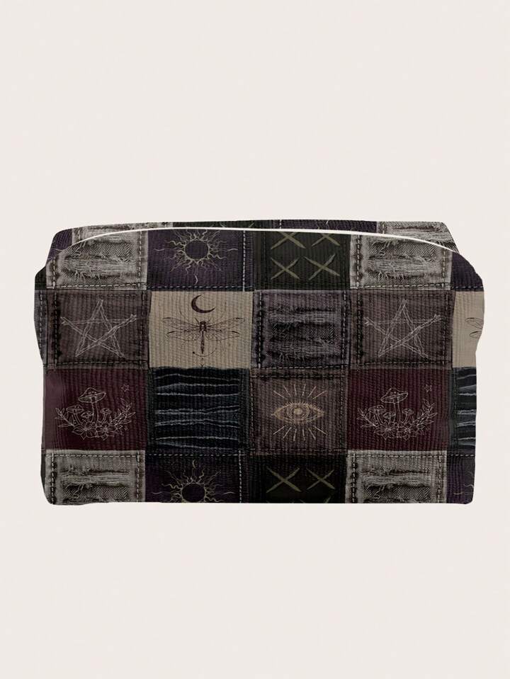 Fairycore Vintage Patchwork Pattern Octagon Velvet Cosmetic Bag