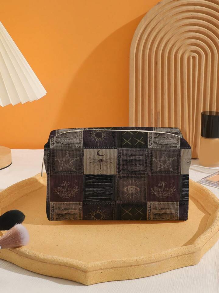 Fairycore Vintage Patchwork Pattern Octagon Velvet Cosmetic Bag
