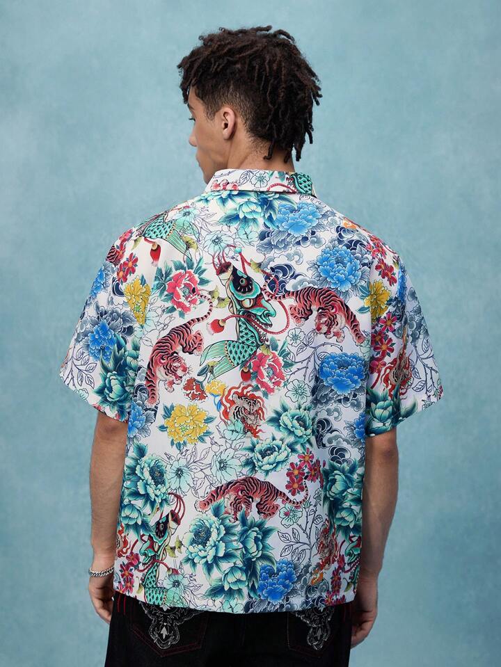 Casual Men's Floral & Tiger Print Short Sleeve Vacation Shirt, Summer