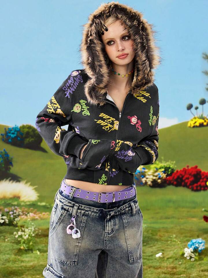 Teletubbies X ROMWE Women's Funny All-Over Vintage Y2K Patchwork Faux Fur Collar Sweatshirt