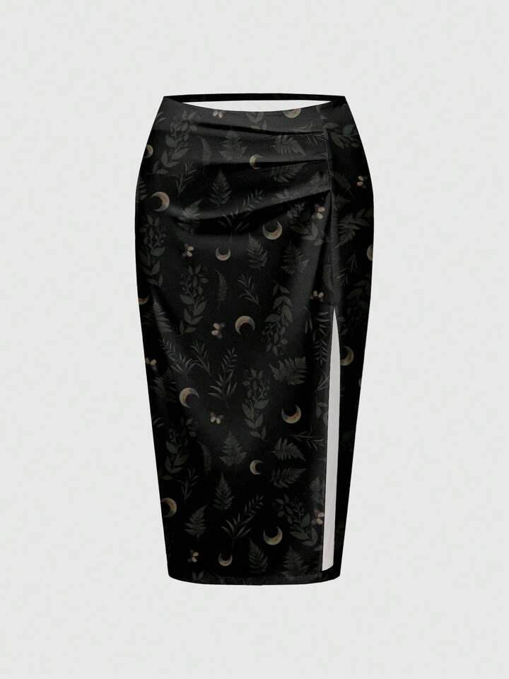 Plus Size High Slit Gothic Style Dark Goth Leaf, Sun & Moon Print High SlSkirtirt